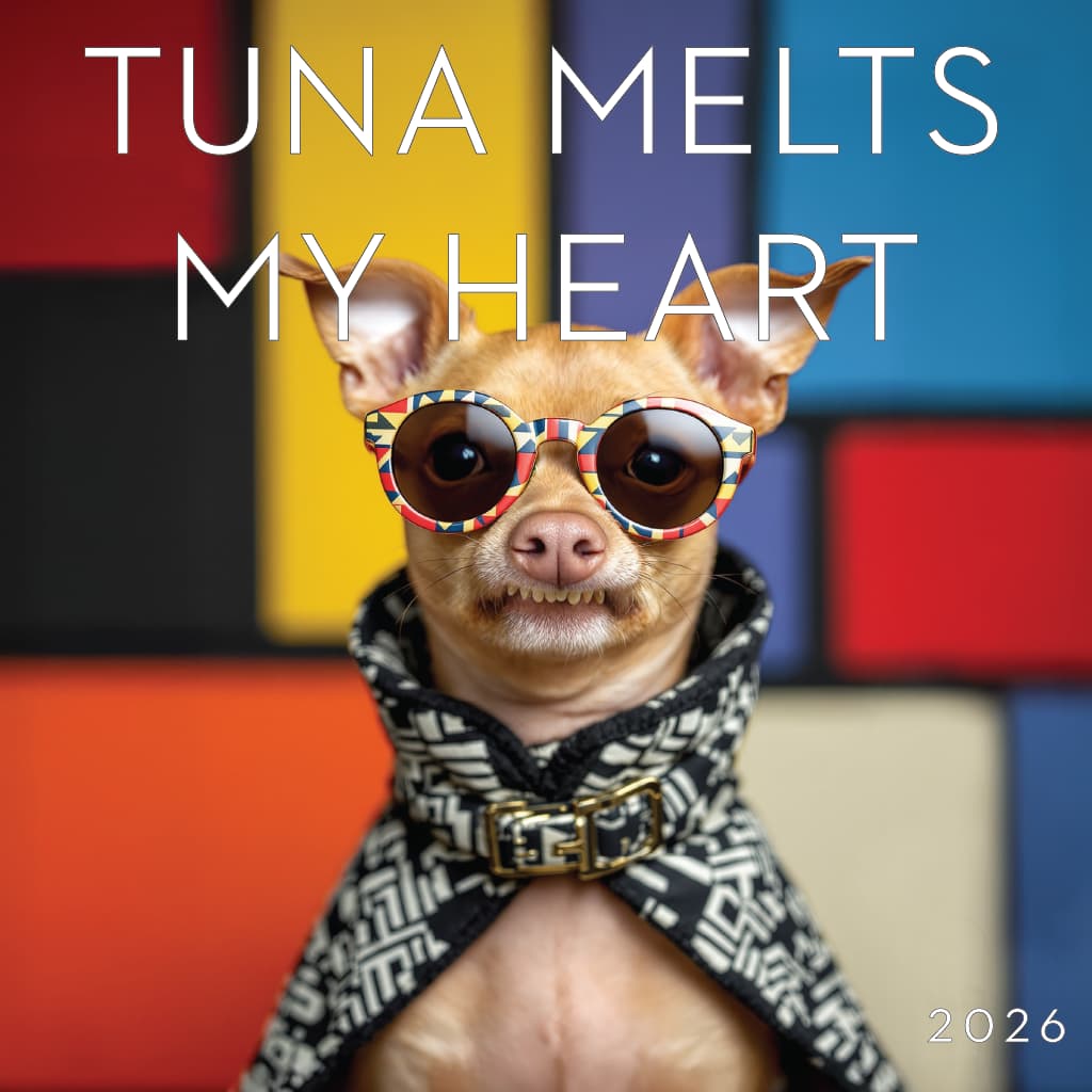 Tuna Melts My Heart 2026 calendar cover. Tuna in sunglasses against a Mondrian-style colour-block background.